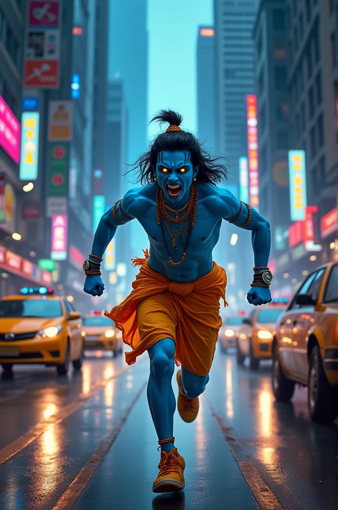 Angry krishna chasing criminals in modern city