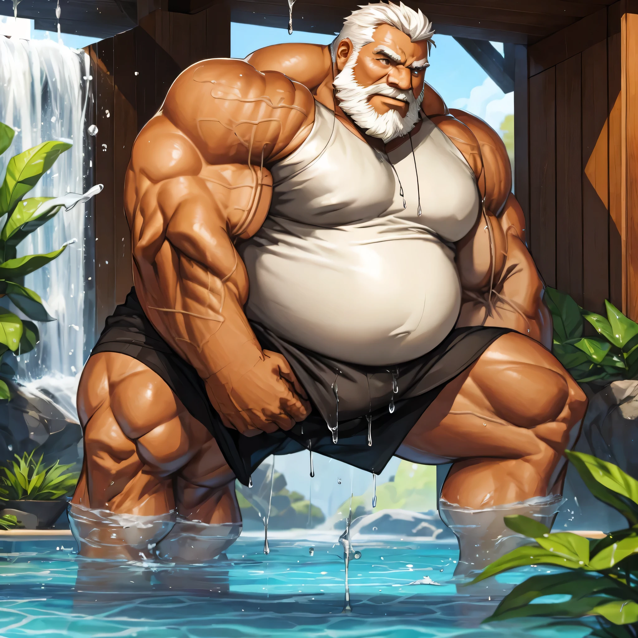 modern　Middle-aged men　Large　overweight　Muscular　Completely naked　Drops of water dripping down my knees