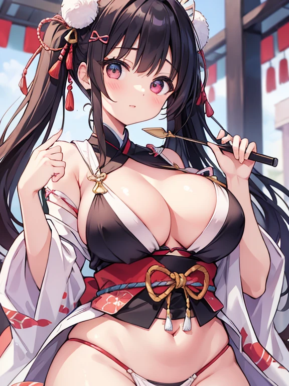 (masterpiece, top quality, super high quality, super high detail, beautiful hair, beautiful eyes, perfect face), Japanese festival scene, busy fair, short twintails hair, black hair, very baby face, droopy eyes, heterochromia, pink eye, orange eye, very huge breasts, 145cm tall girl wearing kimono jacket, bandage on chest, white Japanese loincloth jacket, bandages on her chest and wearing a white Japanese loincloth.