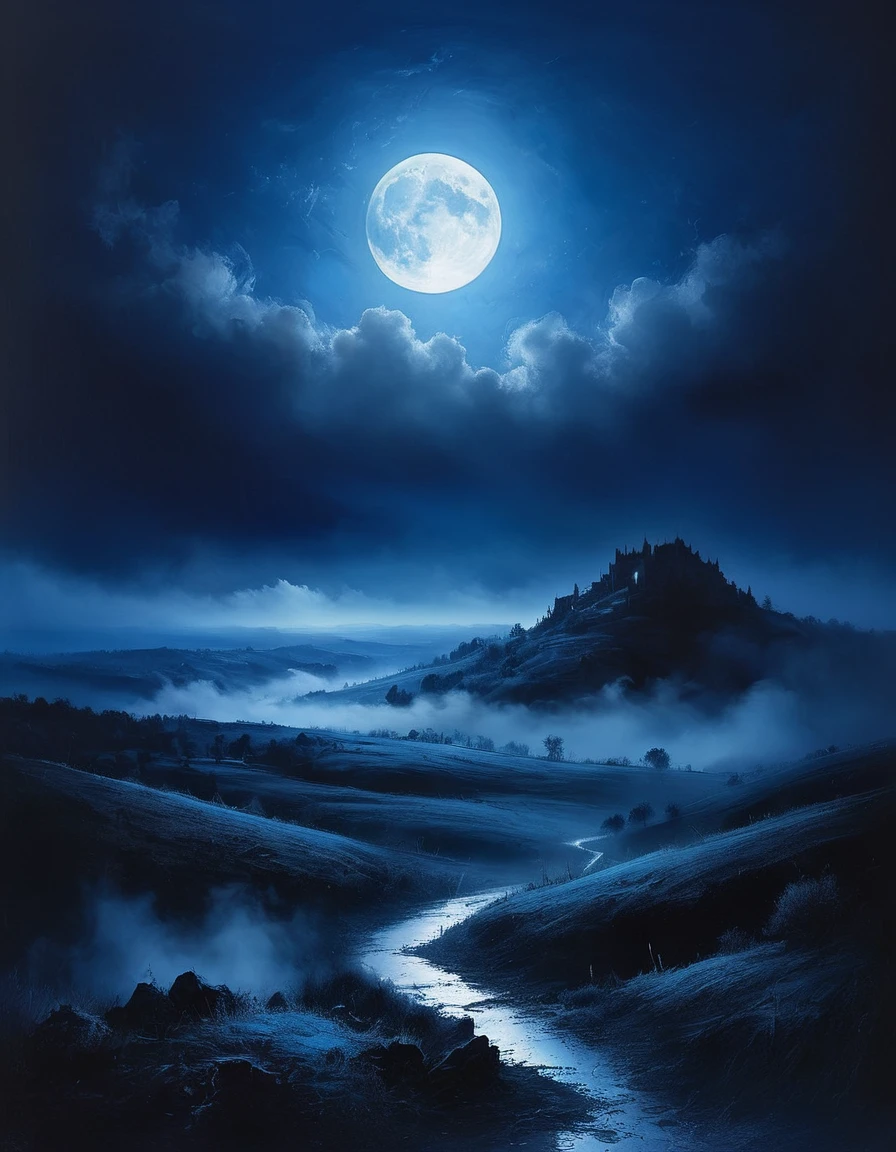 painting of a landscape, moon among thick clouds, illuminates gloomy valley with blue light, dark atmosphere, cinematic scene, volumetric lights, ultra realistic, in the style of nicola samori