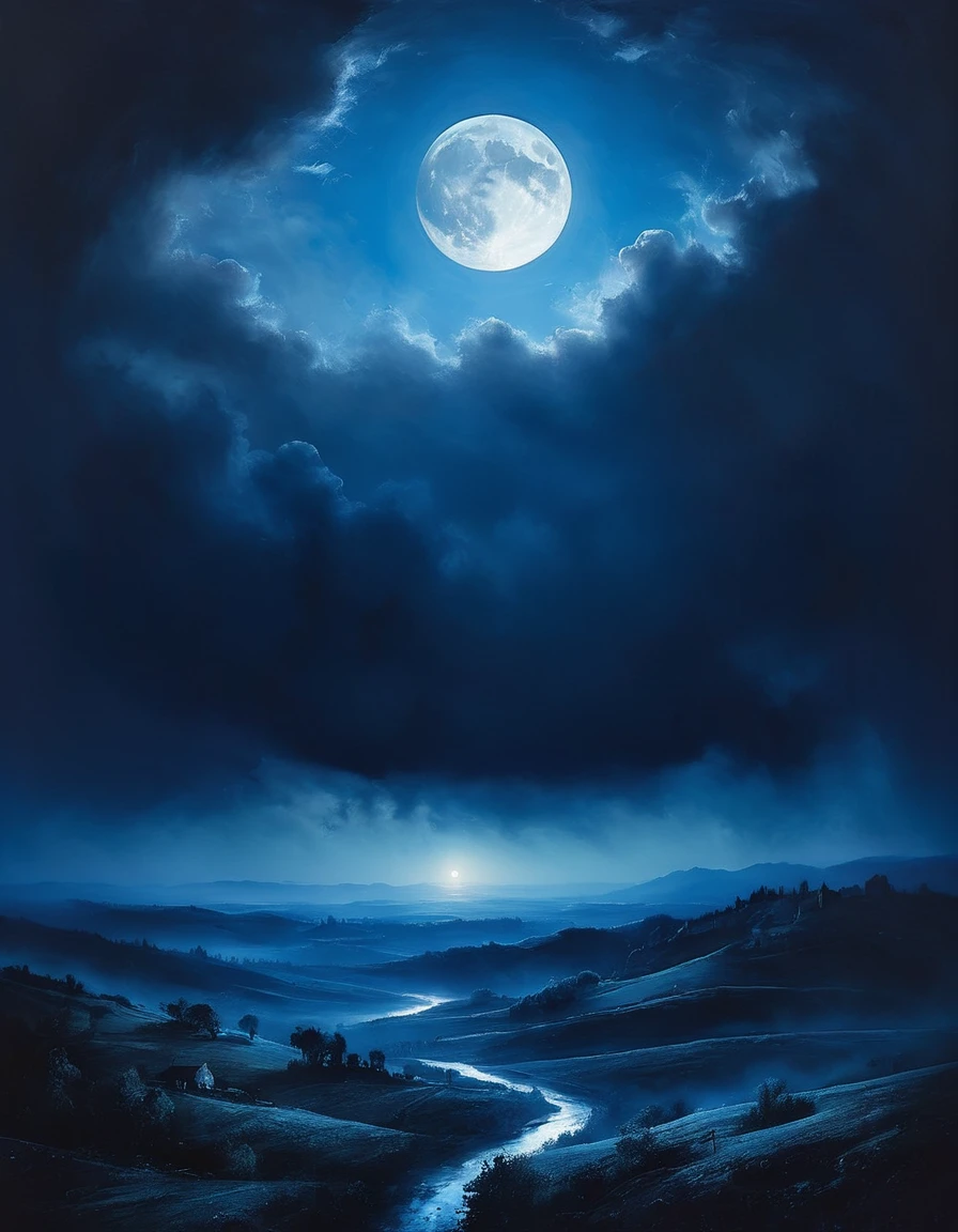 painting of a landscape, moon among thick clouds, illuminates gloomy valley with blue light, dark atmosphere, cinematic scene, volumetric lights, ultra realistic, in the style of nicola samori