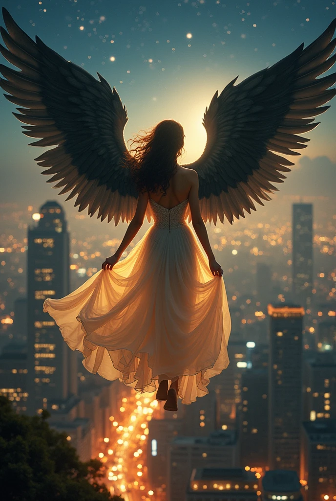 This image depicts an angel woman hovering over a city at night.. City lights create a golden and dramatic atmosphere, Its exquisite shape and black wings contrast sharply with the urban environment. The woman seemed very protective and vigilant.