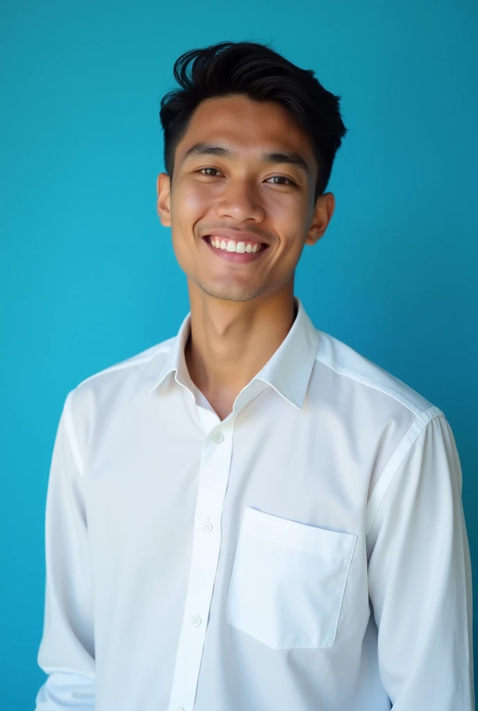 an Indonesian man in his 20s with a white shirt, with a blue background, very realistic