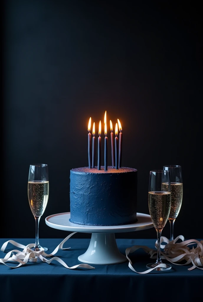 A realistic picture of regular size birthday cake ( with elegant and minimalistic decorations, dark blue cake),on top of it long straight candles for my Instagram story, the background black wall, the lights are of and there are flashlights, on the table are setting several champagne cups, filled of course, and white narrow ribbons