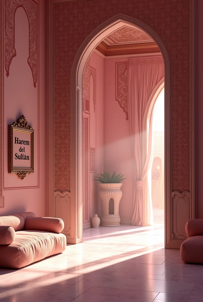 (photorealism:1.2), (((Empty))) pink harem room, seen from the door that leads to the rest of an Arabic pink palace, the sign reads "Harem del Sultán" on the wall, realistic, intricate details, high resolution, masterpiece, highly detailed, practicing their sexy Arabic dance moves