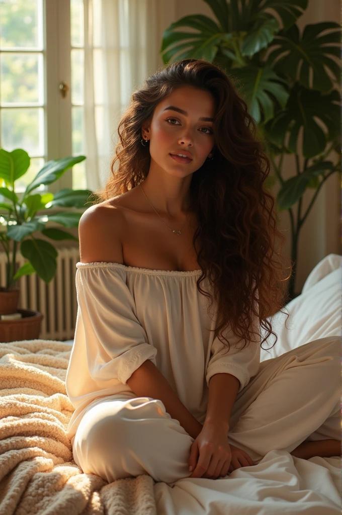 (photorealism:1.2), beautiful woman, sitting on bed, wearing loose off-shoulder top, pajama pants, long curly hair, indoors, soft lighting, plants in background, window with sunlight, cozy room, relaxed pose, realistic, intricate details, warm colors, by Greg Rutkowski, by Alphonse Mucha