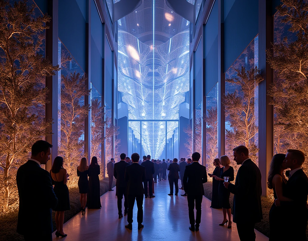 The gala was set in Mercer’s latest venture—a sprawling estate on the outskirts of McLean, surrounded by dense woods that seemed almost unnaturally quiet. As I arrived, the grandeur of the estate took my breath away. The mansion was a futuristic marvel, blending sleek glass with gleaming steel. A squad of meticulously dressed staff greeted us, their eyes betraying no hint of emotion as they ushered us into the grand hall.
The ambiance inside was as striking as the exterior. The main hall was illuminated by a mesmerizing display of shifting light patterns projected onto the walls, creating an otherworldly atmosphere. Elegant guests in their finest attire mingled, their laughter and conversation a murmur of sophistication. I spotted several prominent figures from the tech industry and political circles, all engaged in animated discussions.