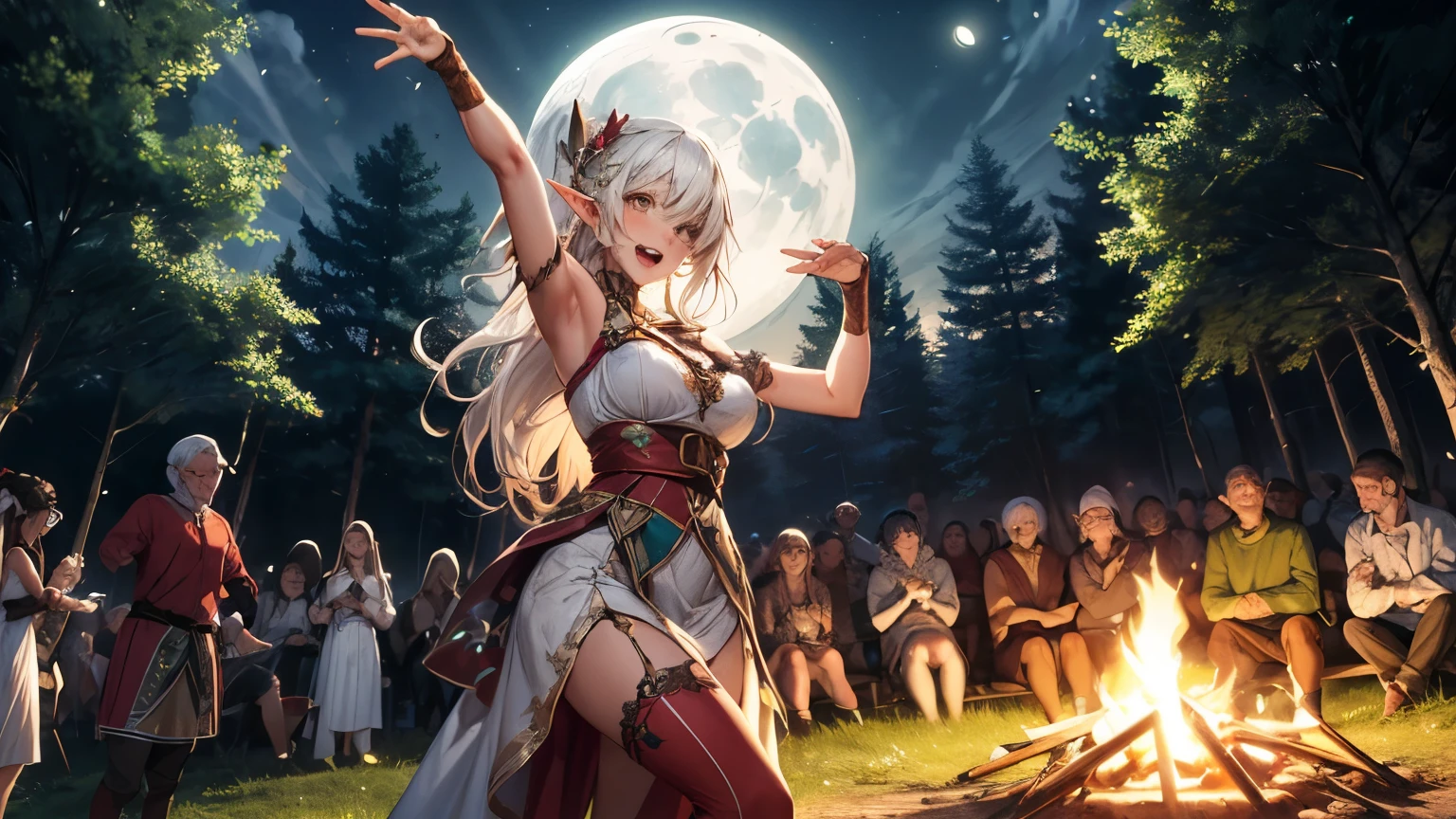 sexy elf woman with white hair, wearing medieval dress having fun dancing around the campfire with crowd under the moon light at the center of medieval forest at midnight.