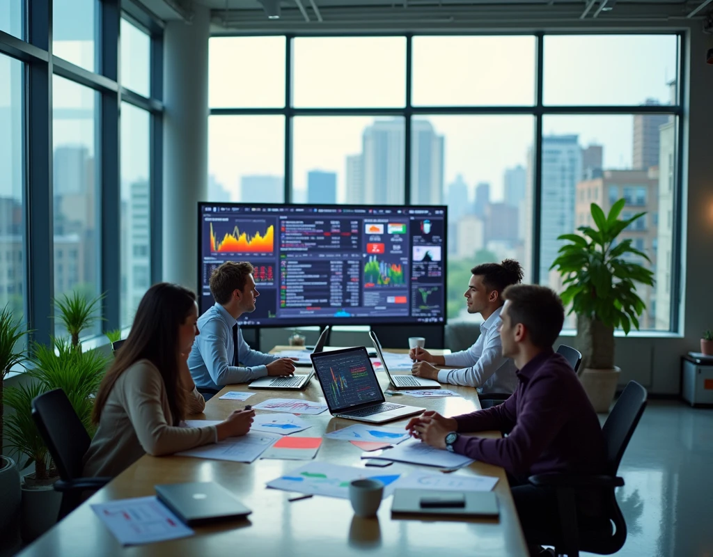 An office with large windows, a lot of light, People analyzing market data and products and product price charts