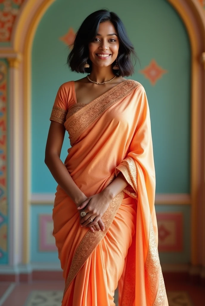 Woman 33 who looks like Emily Addison pornstar, bob cut hair, armpit, saree, full length body photograph, looking straight at the camera, big cute smile, sexy figure, dusky cute face, Indian girl, full body length photo inducing her feet.