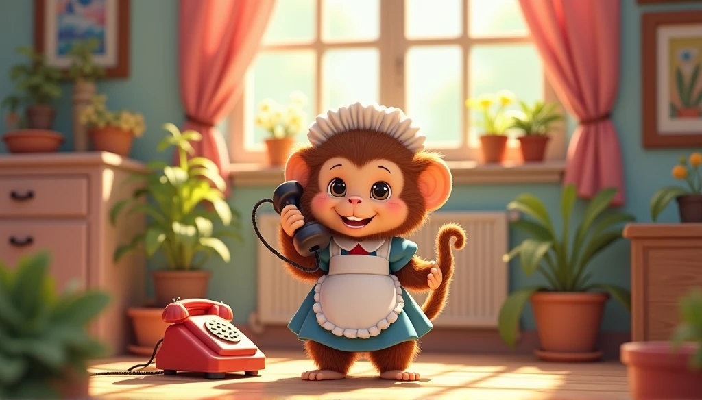 Fluffy little monkey, smile, Big eyes, Wear a maid's outfit, Standing phone, In the house, Snes drawing
