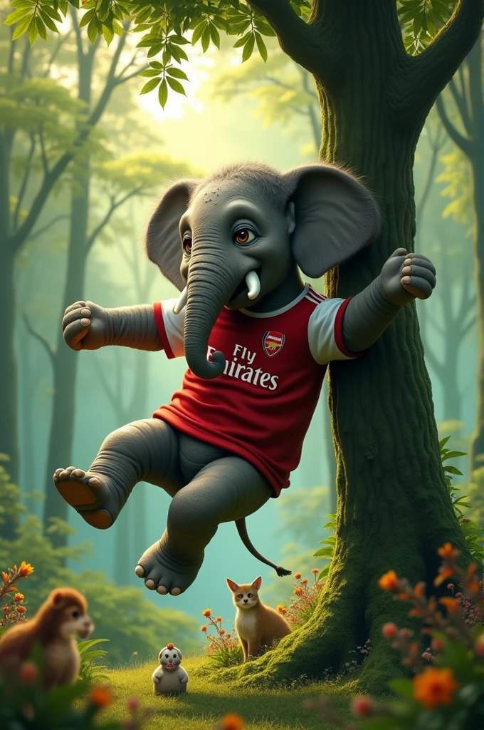 Elephant falling down in tree with crying wear arsenal tshrt that elephant