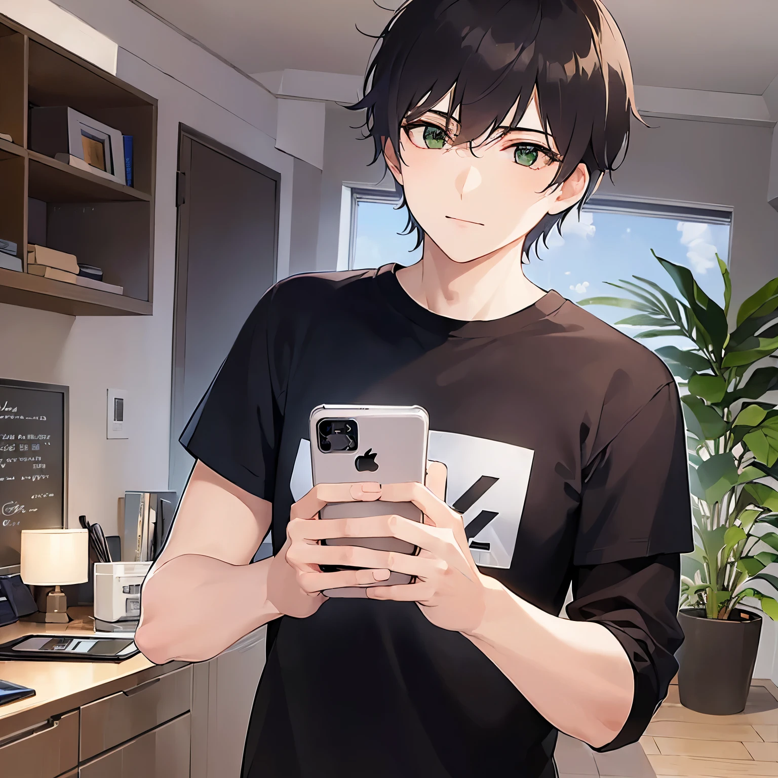 (25-year-old male:1.5) and (Brown short hair) and (Green Eyes), (looking away:1.5),upper body、 (talking on the smartphone:1.5),(handling_smart_phone, smart_phone:1.2)、Side shot、
shiny skin, masterpiece、Highest quality、
（black T-shirts:1.5) 
smile,The background is the living room at night、(alone:1.5)