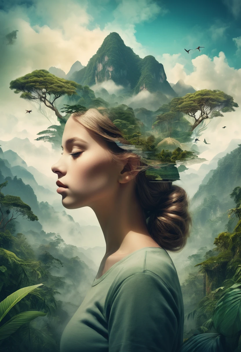 Dubrec style，Girl head portrait，Jungle mountains image foreground，（multiple exposure：1.8），Complex illustrations in surrealist art style，Surreal dreams