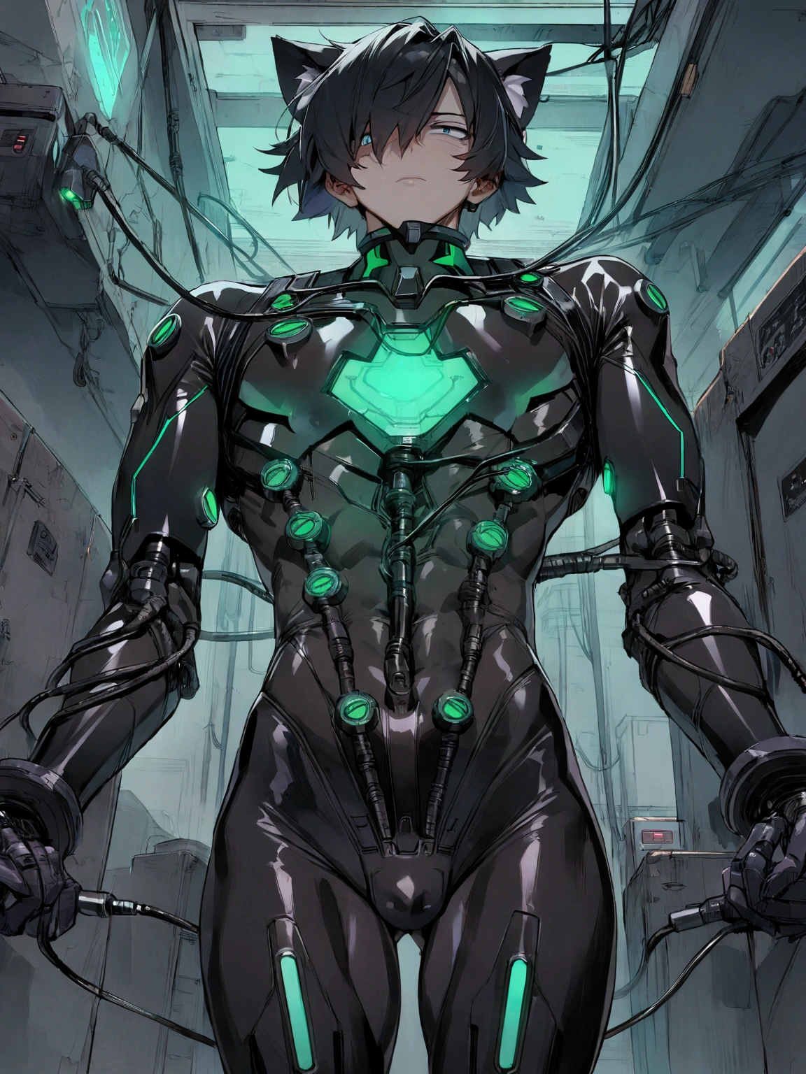 (masterpiece, best quality:1.3) (nsfw8) (((1boy))), (((anime boy))), 20 years old, muscular body, black hair, black latex plugsuit, black latex, skintight no zipper neck entry black latex plugsuit, fullbody black latex plugsuit, , cat ears, cyborg eyes, latex, cyberpunk, round cyberpunk chamber, (thick cables plugged on chest1.5), red lightning, (brainwashing), blank stare, flat crotch, restrained, (heads-up display), wearing black lipstick, (((cables plugged into cat ears3))), (((transformation into robot3))), (((assembly line arms5))), charging port on anus, (((charging cable plugged on anus3))), visible charging, (battery percent level on upper chest), charging station, cables plugged into spine, aquamarine plugsuit lightning, chin guard, neck guard, aesthetic, detailed