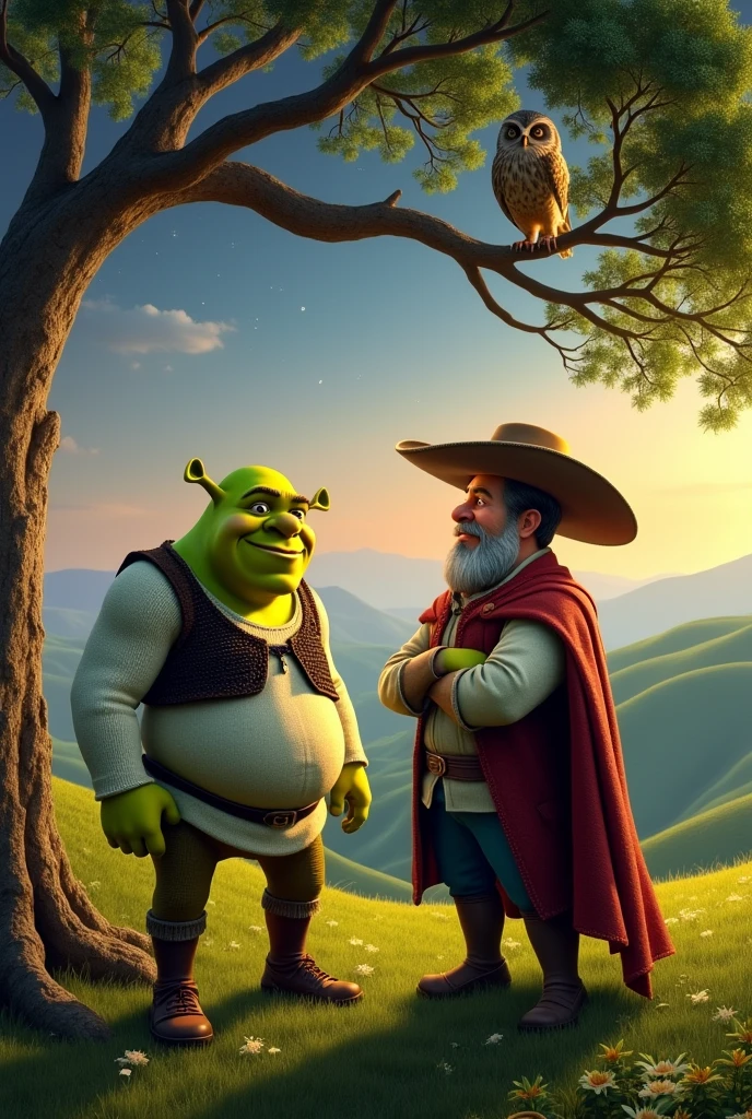 Generates a Shrek and Miguel idalgo next to an owl