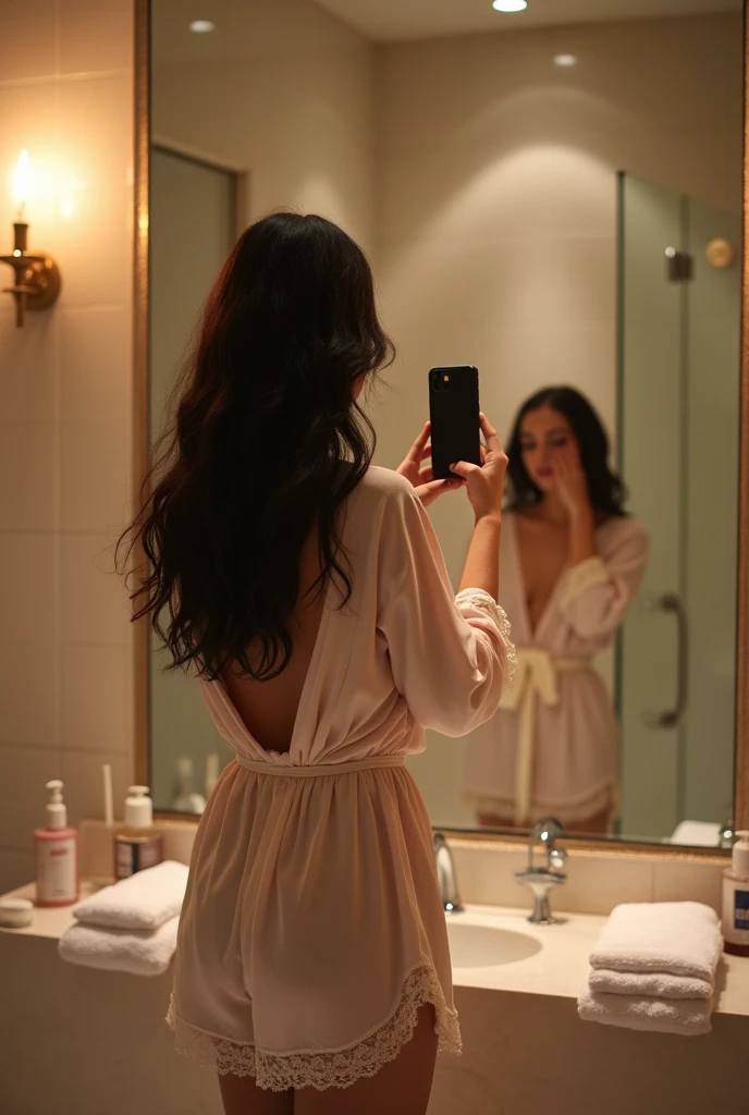 Draw a model of a Russian woman who is going to take a shower, keep a little distance in front of the mirror and the shower, and let her take the photo herself with her phone and iPhone 15.