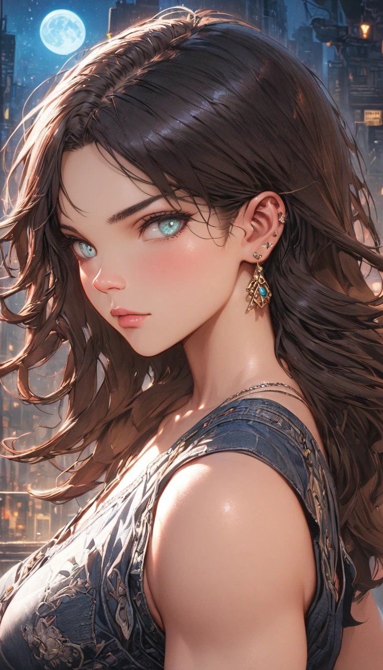 best quality,4k,8k,highres,masterpiece:1.2),ultra-detailed, extremely detailed eyes, extremely detailed body, (large masterpiece digital art), (detailed manga illustration), (detailed line art), ((perfect anatomy)), (intricate details:1.3), (ultra-detailed:1.3), (illustration:1.3), (sharp focus:1.3), (natural lighting:1.05), (vivid colors:1.3), (masterpiece), (best quality:1.4), (perfect anatomy:1.4), high quality, expressive eyes, full body, detailed face, beautiful face, perfect face, 1 girl, muscular, tall girl, large breasts, long hair, light brown hair, straight hair, low ponytail, detailed hair, ((casual clothes)), grey t-shirt, (vest), open vest, (blue pants), denim pants, pale skin, aquamarine eyes, splash art, curvy, black combat boots, cinematic lighting, dramatic atmosphere, Atey Ghailan, Jeremy Mann, Greg Manchess, Antonio Moro, trend in ArtStation, trend in CGSociety, Intricate, High Detail, Sharp focus, dramatic and photorealistic painting art by Midjourney and Greg Rutkowski, Jeff Bridges, ((cartoon style)), Marvel Cinematic Universe style, (((Night sky in the background))),