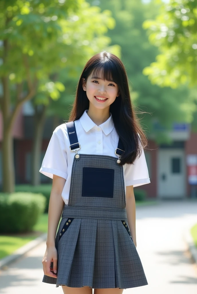 A smiling Japanese high school girl with straight black hair is hitting someone. Her uniform is a white shirt.。
The mini skirt is navy blue。Gray checkered pattern with black overall。
Skirt length is shorter than above the knee。
The length of the hair is very long。
The bangs are neatly trimmed and cover the eyebrows.。
Nogizaka46-ish 。
Height: 180cm。 Model-like. Both of their faces are visible, so it's almost like a photograph.