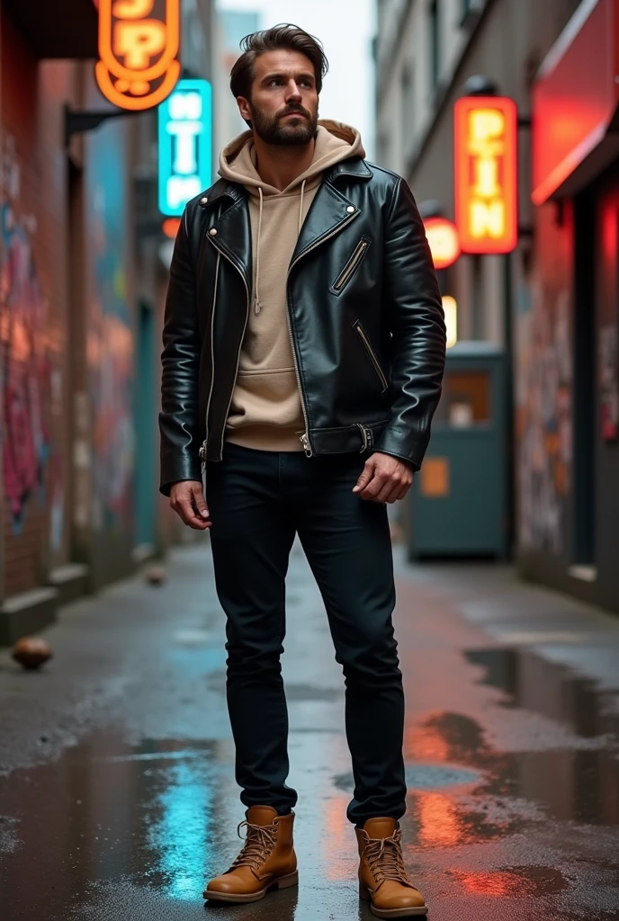 A man in a leather jacket, underneath a beige hooded shirt and wearing black pants and camel-colored boots