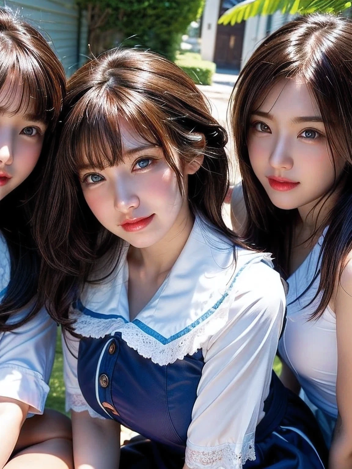 ((masterpiece, highest quality)), (Super detailed), ((super cute)), (Multi-point), ((very detailed)), 4k, highest quality, (beautiful), hyper cute face, Perfect Face, hyper genuineistic, Close-up, clear outline, (three girls, 3 cute girls:1.5), (summer school girl uniform :1.3), ((beautiful eyes)), (leaning forward:1.3), (upskirt:1.3), natural skin texture, big breasts, romantic ambiance, Highly detailed CG, look shyly at the viewer,
