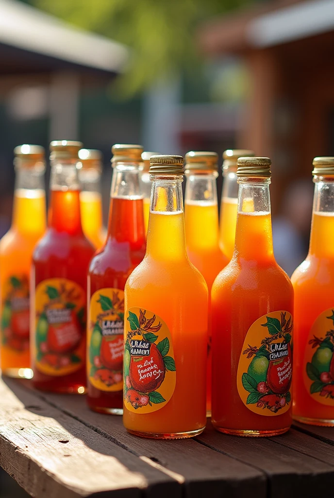 Generate me a 3d image of three different colored juice bottles with background, the head of a pineapple plant and some fruit placed at the foot of the bottles, with the name Afrika Jus written on the bottles.