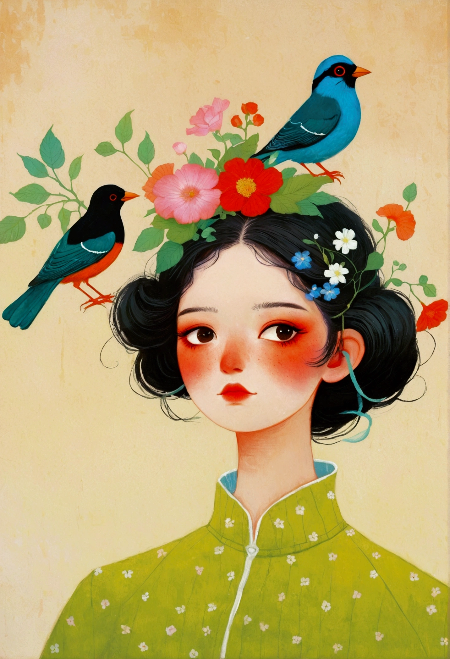 There is a painting，The painting shows a man with a bird on his head, Beeple 和 Jeremiah Ketner, yuri shwedoff and tom bagshaw, author：Eddie Mendoza, Blue Head, hyper-realistic illustration, jc leyendecker and sachin teng, shaun tan 和 peter mohrbacher, tom bagshaw style, Bird Head, Inspired by Tran Nguyen