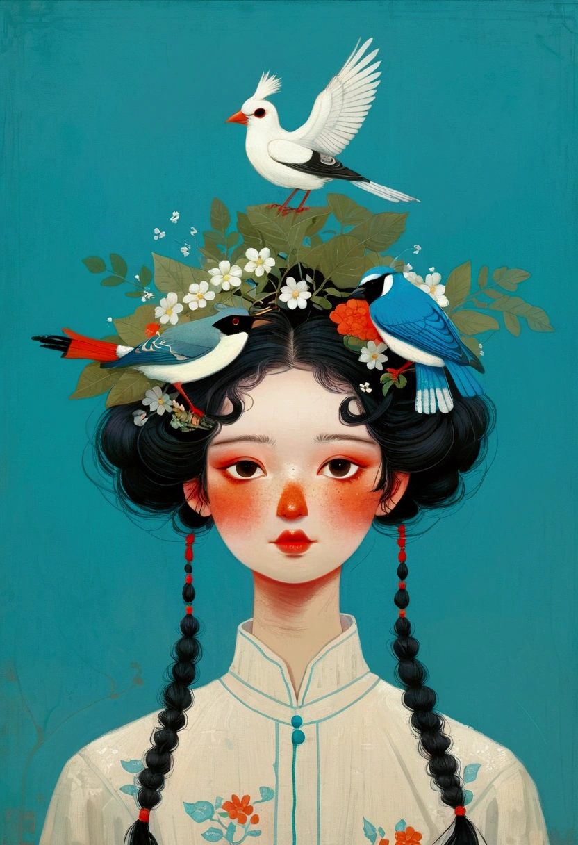There is a painting,The painting shows a man with a bird on his head, Beeple 和 Jeremiah Ketner, yuri shwedoff and tom bagshaw, author:Eddie Mendoza, Blue Head, hyper-realistic illustration, jc leyendecker and sachin teng, shaun tan 和 peter mohrbacher, tom bagshaw style, Bird Head, Inspired by Tran Nguyen
