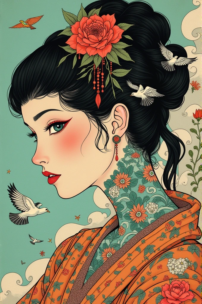 ((best quality)), ((masterpiece)), (detailed), ((perfect face)), surreal, art nouveau, in the illustrative style of moebius, sparrows, fantasy, sci-fi, graphic novel, line drawing, japanese, traditional, vintage, elegant, chic, sophisticated, tattooed face,