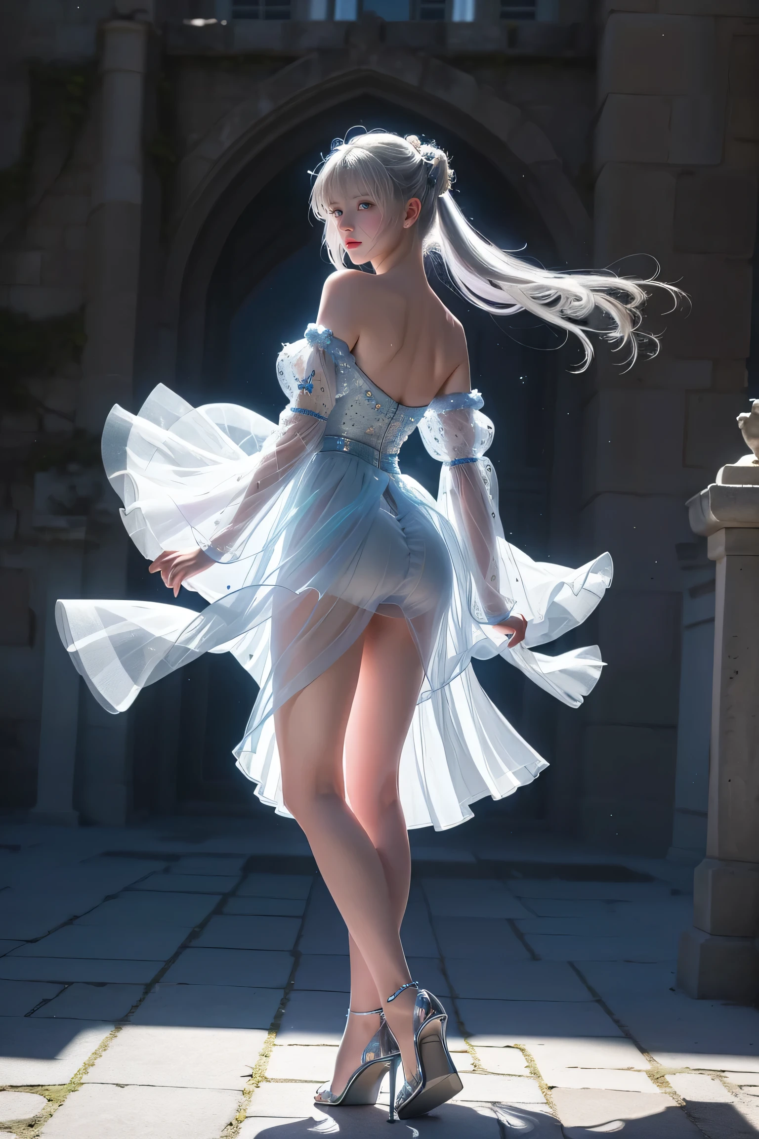 ((Girl standing in front of the castle wall))、Fluorescent color、One Girl、Look to the side、Beautiful Face、Beautiful Eyes、(Big Blue Eyes)(Rear view)、(look back)、(Silver blunt hair)、Shiny Hair、Glowing Skin、Reduce glare、Finger Proportion Adjustment、Escrow、 viewpoint、Dynamic Angle、((Master Parts))、((Highest quality))、(((Ultra Details)、(An illustration)、(Detailed light)、(Very delicate and beautiful)、Dramatic Shadows、Ray tracing、reflection、Ultra-high resolution、((Master Parts))、((Highest quality))、((Ultra HD))。 Ultra-high resolution、((Colorful hair and mesh))、Her hair flutters in the wind、(Big deep blue eyes)、Silvery white hair、haired woman、Sparkling Butty、Sparkling Butterflaired woman、Points of light around the woman、Magical Aura、Green dot、The nature of the aura、Magical Aura黒haired woman、 ((Translucent blue one-shoulder dress: 1. 3)、(No sleeve)、((The skirt flutters up in the wind))、((An old European castle stands in the distance))、(White panties are )、(Full Body Shot),(Long legs)、(High heels),