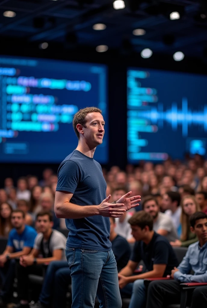 Mark Zuckerberg giving knowledge to students by standing on stage