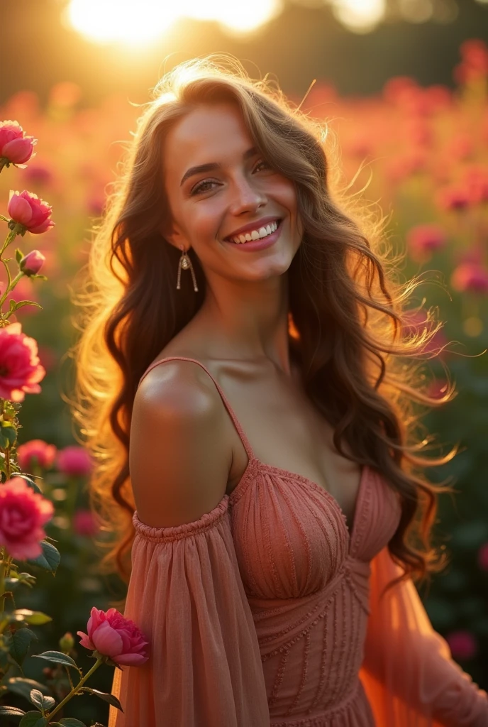 a beautiful woman with long brown hair, detailed facial features, elegant dress, smiling, standing in a garden, sunbeams, sunlit, golden hour, photorealistic, cinematic lighting, vibrant colors, highly detailed, (best quality,4k,8k,highres,masterpiece:1.2),ultra-detailed,(realistic,photorealistic,photo-realistic:1.37),portrait photography,concept art