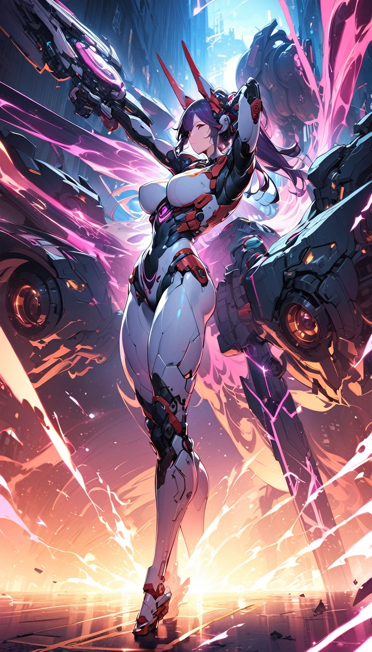 best quality,4k,8k,highres,masterpiece:1.2),ultra-detailed, extremely detailed eyes, extremely detailed body, (large masterpiece digital art), (detailed manga illustration), (detailed line art), ((perfect anatomy)), high quality, expressive eyes, full body, tall girl, detailed face, beautiful face, perfect face, breasts, cleavage, gloves, A photograph of mid-twenties Japanese female android made of shiny white and silver translucent glass and plastic, geisha makeup and hairstyle, silver metal internal body mechanisms, dynamic pose, flowing organic construction, glowing golden circuitry, colorful neon trim, glowing circuitry, neon trim, depth of field focus f/2.8, art by H.R. Giger, Greg Rutowski, bodysuit, thick thighs, toned, emblem, cinematic lighting, dynamic lighting, 4k resolution, dynamic pose, weapon, energy weapon, cover, mecha musume, fortified suit, mechanical parts, headgear, robot joints, bodysuit, deva battle suit, gloves,