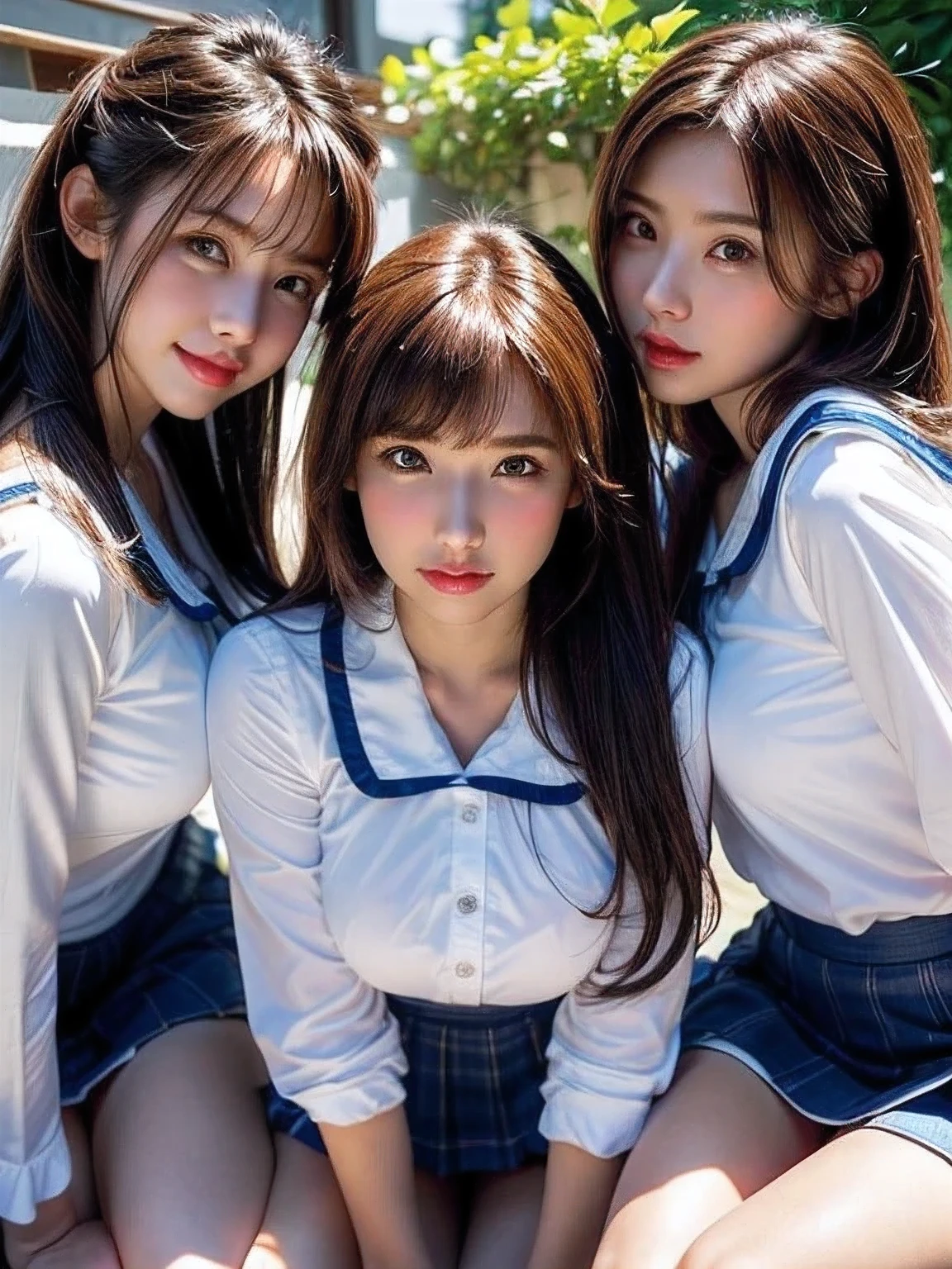 ((masterpiece, highest quality)), (Super detailed), ((super cute)), (Multi-point), ((very detailed)), 4k, highest quality, (beautiful), hyper cute face, Perfect Face, hyper genuineistic, Close-up, clear outline, (three girls, 3 cute girls:1.5), (summer school girl uniform :1.3), ((beautiful eyes)), (leaning forward:1.3), (:1.3), natural skin texture, big bretic ambiance, Highly detailed CG, look shyly at the viewer,