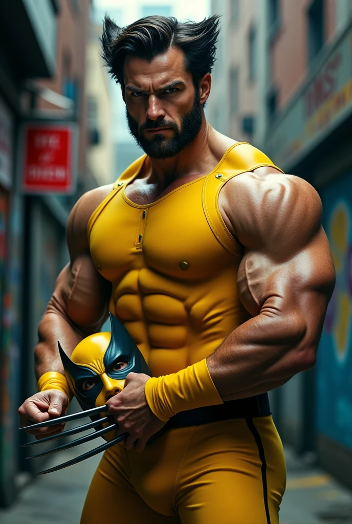 Wolverine henry Cavill yellow suit pose mask off close up