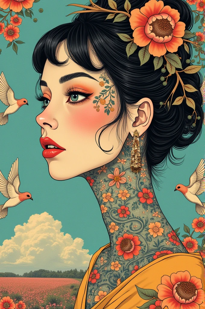 ((best quality)), ((masterpiece)), (detailed), ((perfect face)), surreal, art nouveau, in the illustrative style of moebius, sparrows, fantasy, sci-fi, graphic novel, line drawing, japanese, traditional, vintage, elegant, chic, sophisticated, tattooed face, 