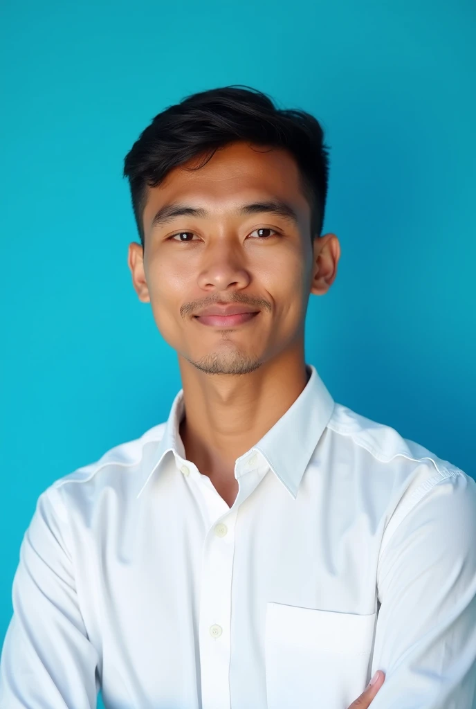 an Indonesian man in his 20s with a white shirt, with a blue background, very realistic