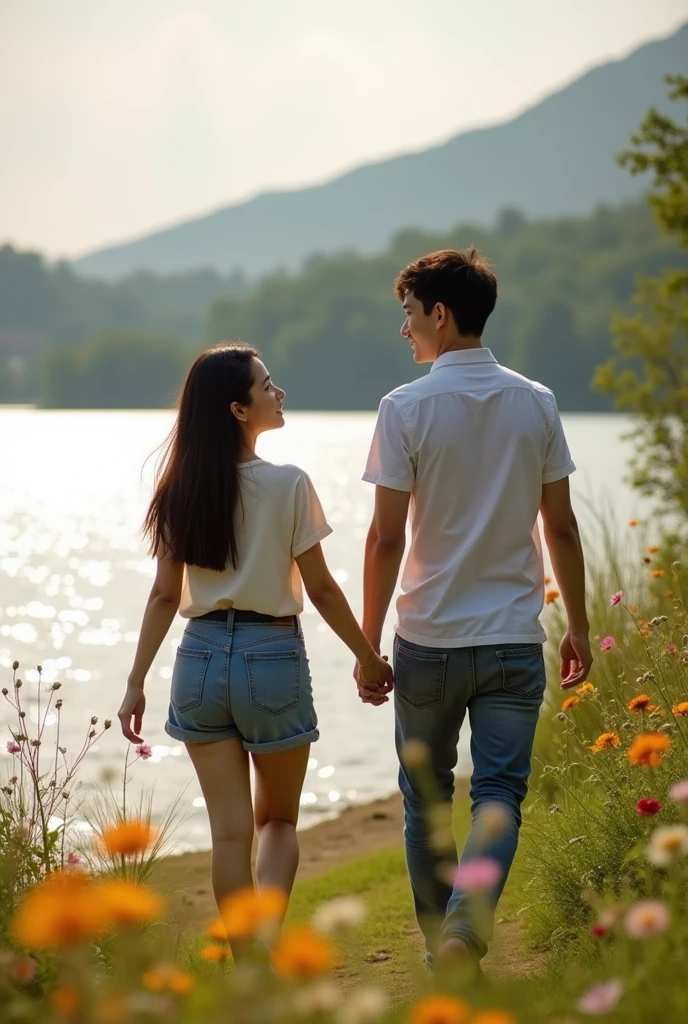 Fotografhy A beautiful, slightly fat Asian girl wearing casual clothes is walking hand in hand with a handsome Asian man on the edge of a beautiful lake. A straight forward view