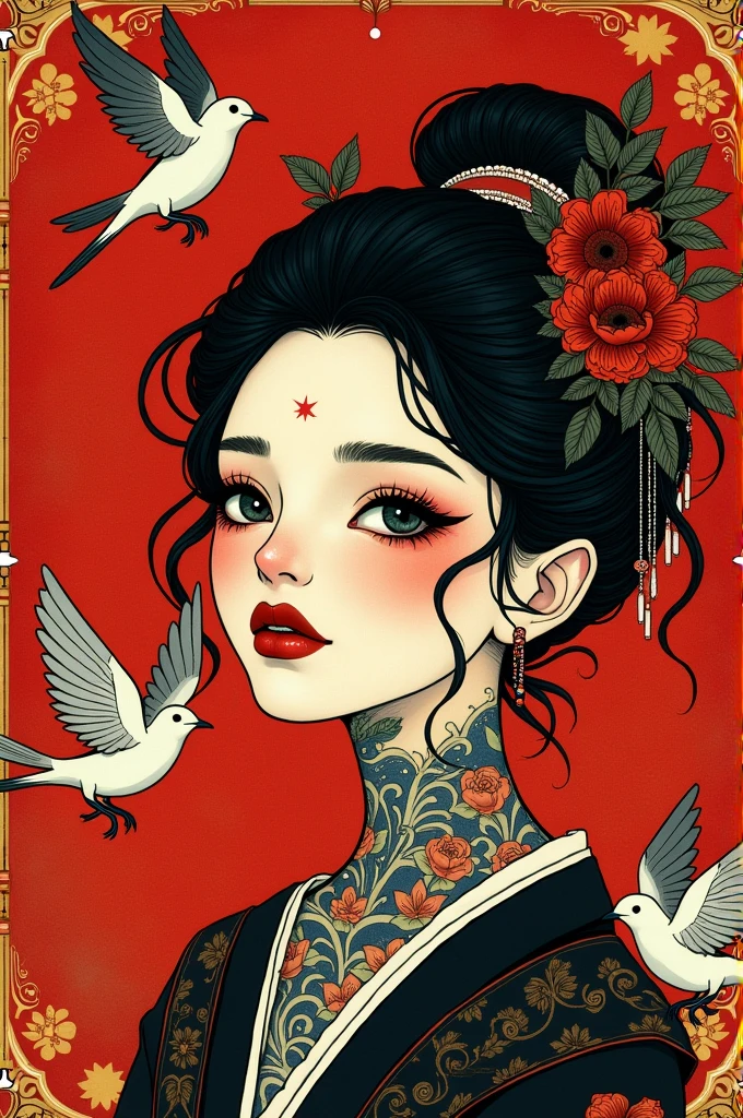 ((best quality)), ((masterpiece)), (detailed), ((perfect face)), surreal, art nouveau, in the illustrative style of moebius, sparrows, fantasy, ethereal, gold border, graphic novel, line drawing, japanese, traditional, vintage, elegant, chic, sophisticated, tattooed face, vibrant reds, stark blacks, gold details,
