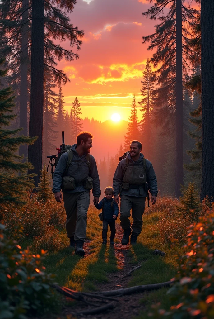 A group of Men's and small boy he is 8 years old went to the forest to search place to live on a sunset