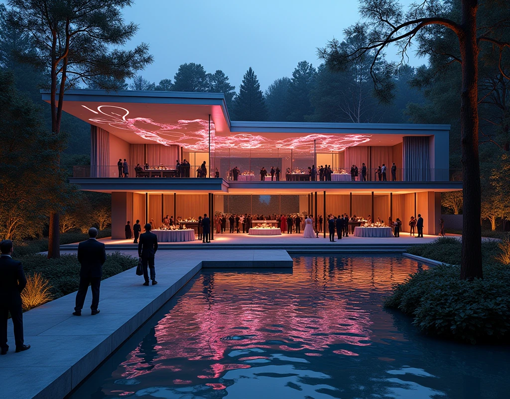 The gala was set in Mercer’s latest venture—a sprawling estate on the outskirts of McLean, surrounded by dense woods that seemed almost unnaturally quiet. As I arrived, the grandeur of the estate took my breath away. The mansion was a futuristic marvel, blending sleek glass with gleaming steel. A squad of meticulously dressed staff greeted us, their eyes betraying no hint of emotion as they ushered us into the grand hall.
The ambiance inside was as striking as the exterior. The main hall was illuminated by a mesmerizing display of shifting light patterns projected onto the walls, creating an otherworldly atmosphere. Elegant guests in their finest attire mingled, their laughter and conversation a murmur of sophistication. I spotted several prominent figures from the tech industry and political circles, all engaged in animated discussions.