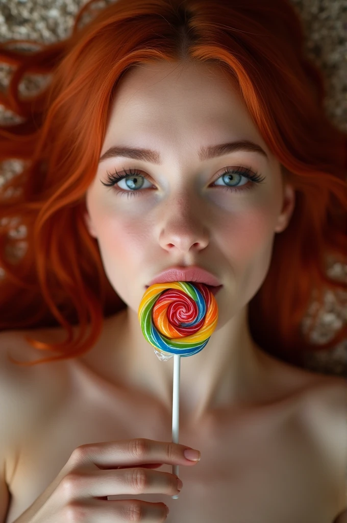(full-body shot:1) Realistic images (Lying position:1) Miss, Surrealism, photography, Long red hair, Miss, 24 years old, Hourglass figure, Perfect body, Flirty look, Natural medium breasts, Blurred Background, Her wet tongue licked a thick, long, rainbow-colored spiral lollipop., A tiny bit of saliva dripped from her tongue, Attractive appearance, Long eyelashes, Cat eye makeup
