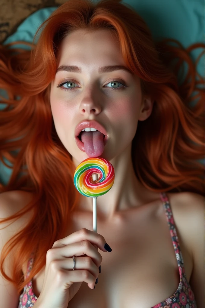 (full-body shot:1) Realistic images (Lying position:1) Miss, Surrealism, photography, Long red hair, Miss, 24 years old, Hourglass figure, Perfect body, Flirty look, Natural medium breasts, Blurred Background, Her wet tongue licked a thick, long, rainbow-colored spiral lollipop., A tiny bit of saliva dripped from her tongue, Attractive appearance, Long eyelashes, Cat eye makeup