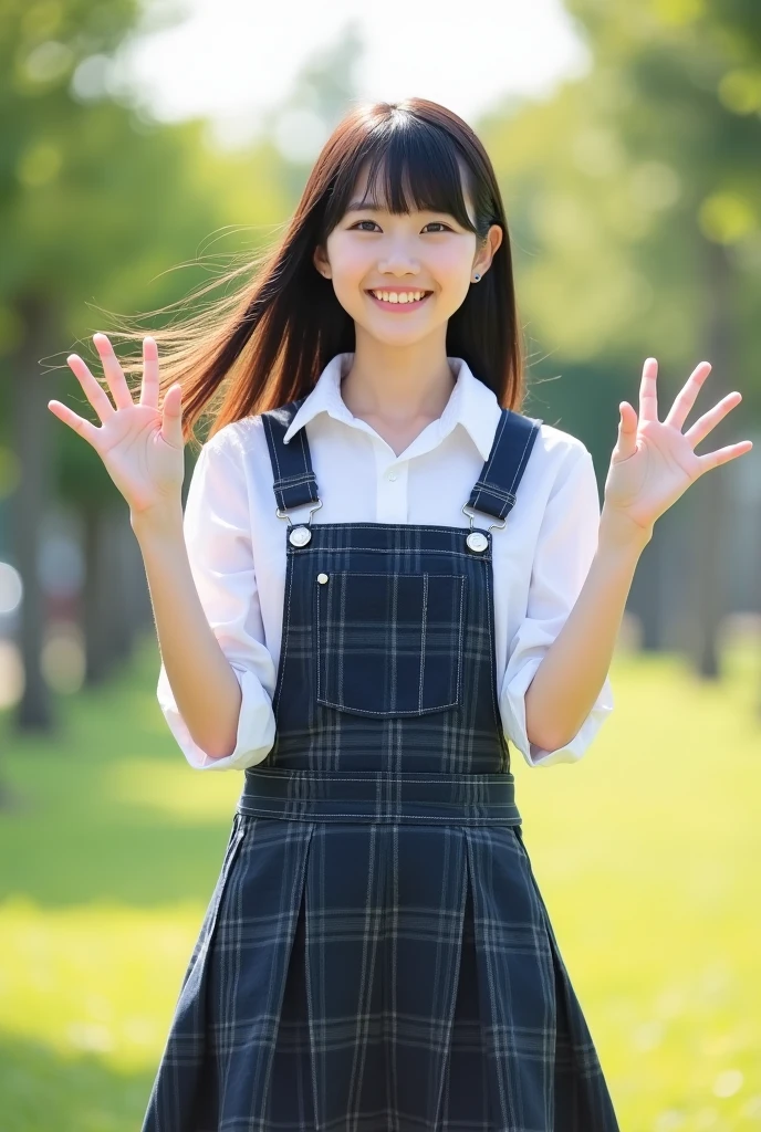 A smiling Japanese high school girl with straight black hair and both hands raised。
The uniform is a white shirt。
The mini skirt is navy blue。Gray checkered pattern with black overall。
Skirt length is shorter than above the knee。
The length of the hair is very long。
The bangs are neatly trimmed and cover the eyebrows.。
Nogizaka46-ish 。
Height: 180cm。 Model-like. Both of their faces are visible, so it's almost like a photograph.