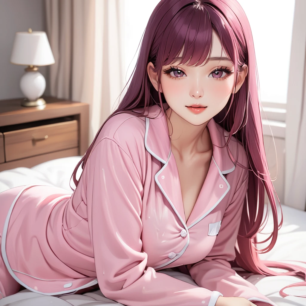 1 girl, (masterpiece,highest quality,超A high resolution), (((Very beautiful 25 year old girl))), look at the photographer､  ((beautiful long hair)), super cute face, glossy lips, double eyelids in both eyes,natural smile、 natural makeup, long eyelashes, Shiny and smooth dark light pink hair､perfect limbs, perfect anatomy,(((comfy pajamas)))、,(wet with sweat),,turn around and look back,See-through