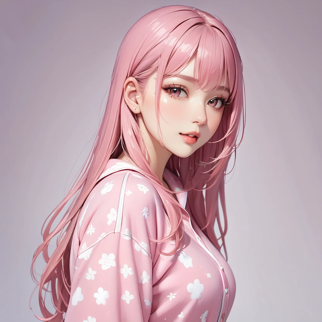 1 girl, (masterpiece,highest quality,超A high resolution), (((Very beautiful 25 year old girl))), look at the photographer、 ((beautiful long hair)), super cute face, glossy lips, double eyelids in both eyes,natural smile、 natural makeup, long eyelashes, Shiny and smooth dark light pink hair、perfect limbs, perfect anatomy,(((comfy pajamas)))、,(wet with sweat),,turn around and look back,See-through