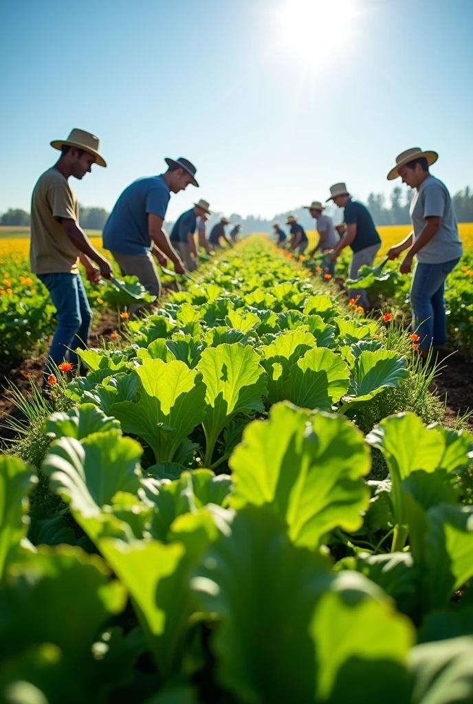 people cut the heads of mustard greens