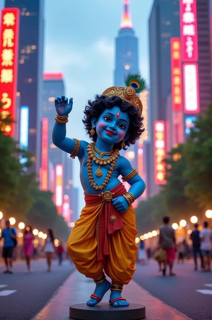 Little Krishna giving standing pose in a modern city