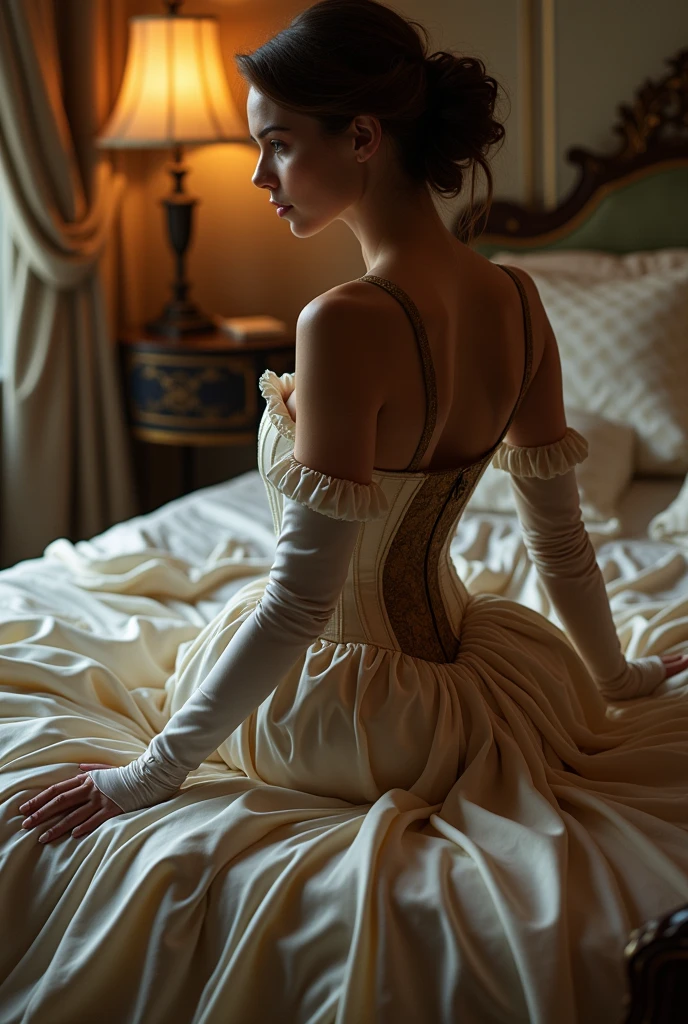 (photorealism:1.2), Feminine figure 3/4 facing away from camera, sitting on edge of the bed dress cascading off the bed, dress is a puffy roccoco dress, in a tight corset, looking away from the viewer, no face visible, a lot of drapery in the folds of the dress, the back of the dress is puffy, dress fabric is silk with some velvet straps, her corset has a large exposed area of her back, arms have long gloves
