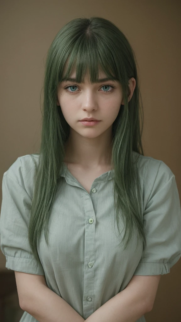 a girl. European. Extremely detailed face. Oval face. Delicate facial features. Half-closed eyes. Long straight hair. Messy hair. Bangs. Green hair. Green eyes. Very angry. Sad. Shy. Straight face